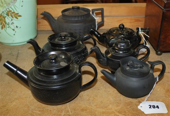 Ralph Harding black basalt teapot, c 1822 & five similar smaller teapots, inc Cyples etc (faults)